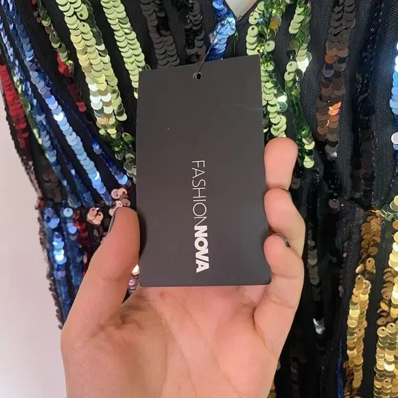 Fashion Nova Black and Green Sequin striped Dress adjustable straps NWT size L - Picture 15 of 16